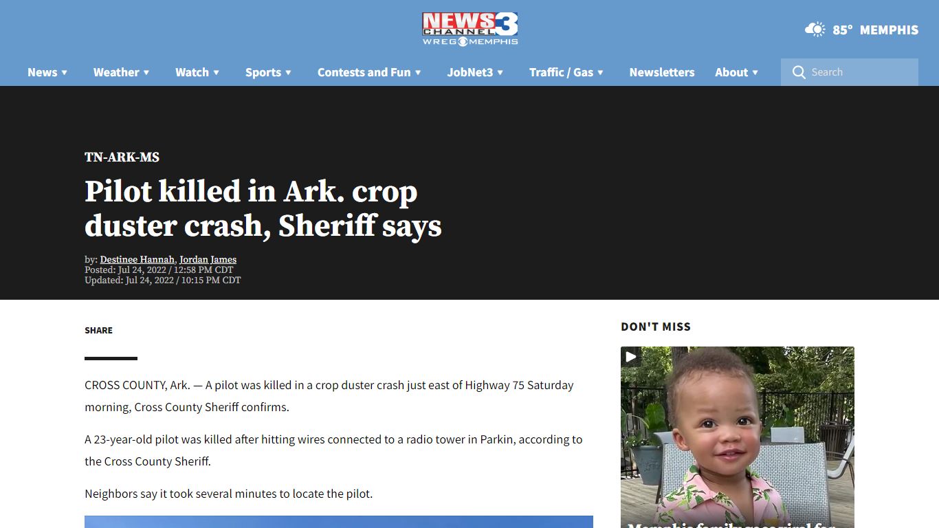 Pilot killed in Ark. crop duster crash, Sheriff says - WREG.com